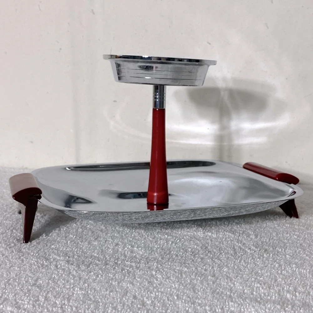 Vintage Glo Hill Gourmates Chrome Serving Tray W Cherry Red Bakelite Accents